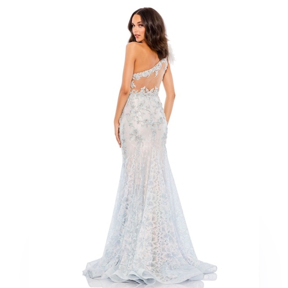 Embroidered appliqué feathered one shoulder gown- crystal blue - Picture 2 of 3
